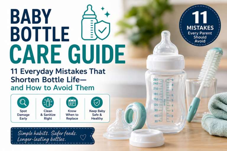 Baby bottles, teats and sterilising equipment laid out on a worktop