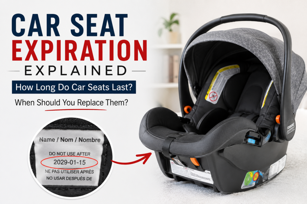 An infant car seat beside a diagram explaining expiry dates