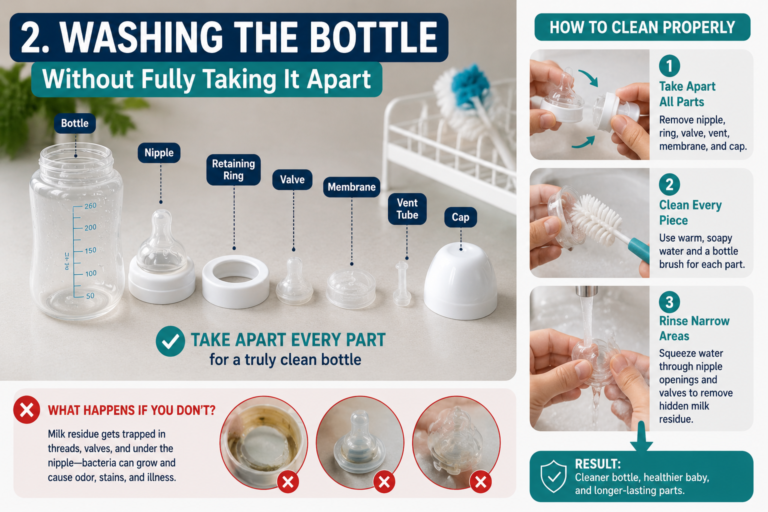 A parent washing a baby bottle at a kitchen sink
